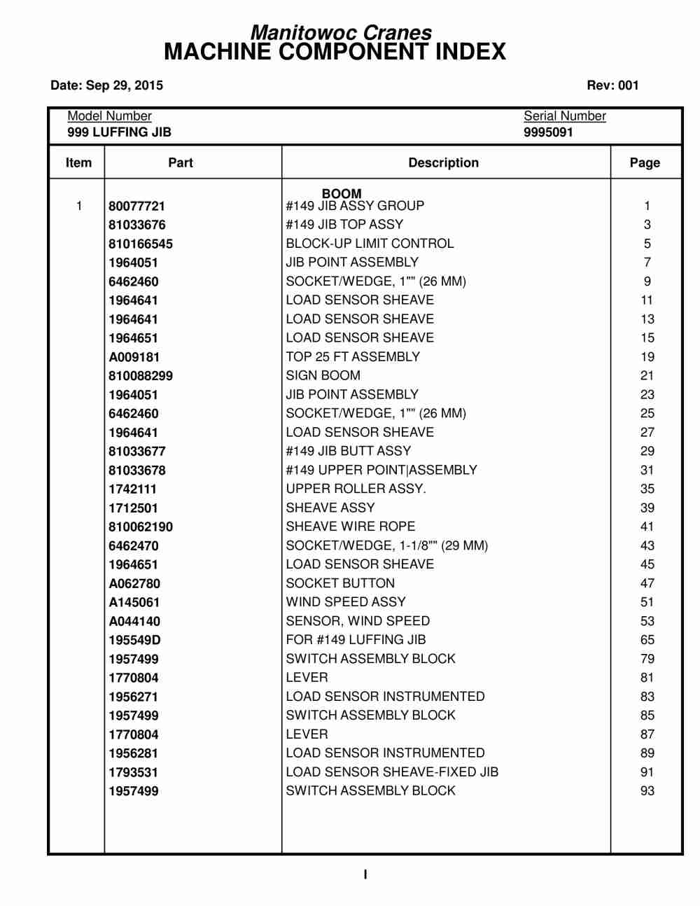 Manitowoc 999 LUFFING JIB Crane Parts Manual 9995091 2015