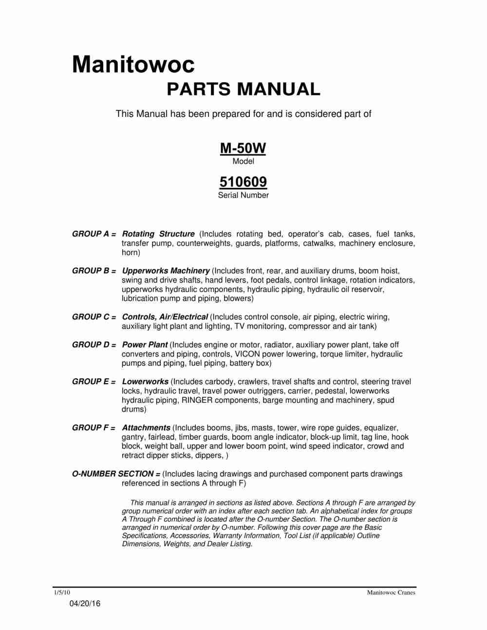 Manitowoc M-50W Crane Parts Manual 510609 2016