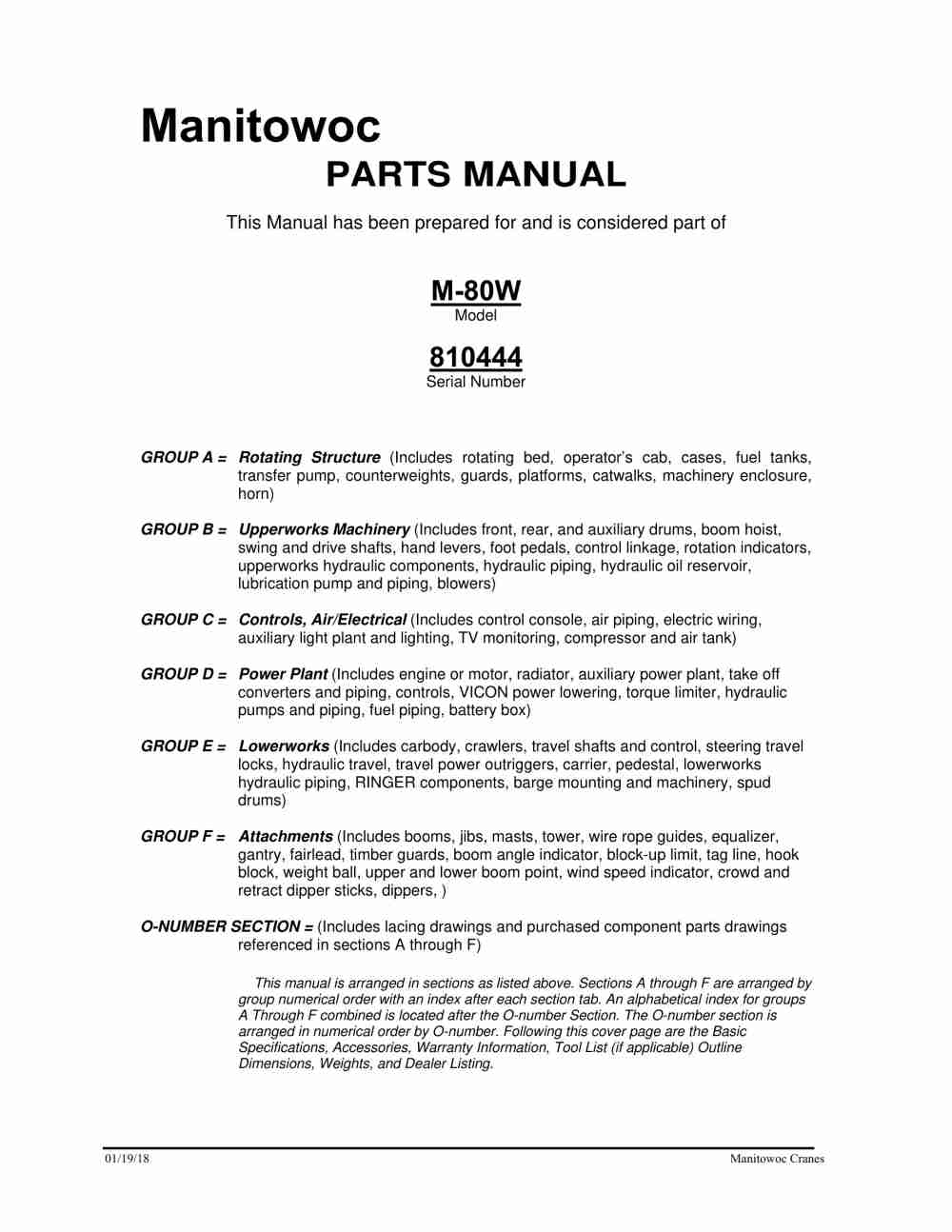 Manitowoc M-80W Crane Parts Manual 810444 2018