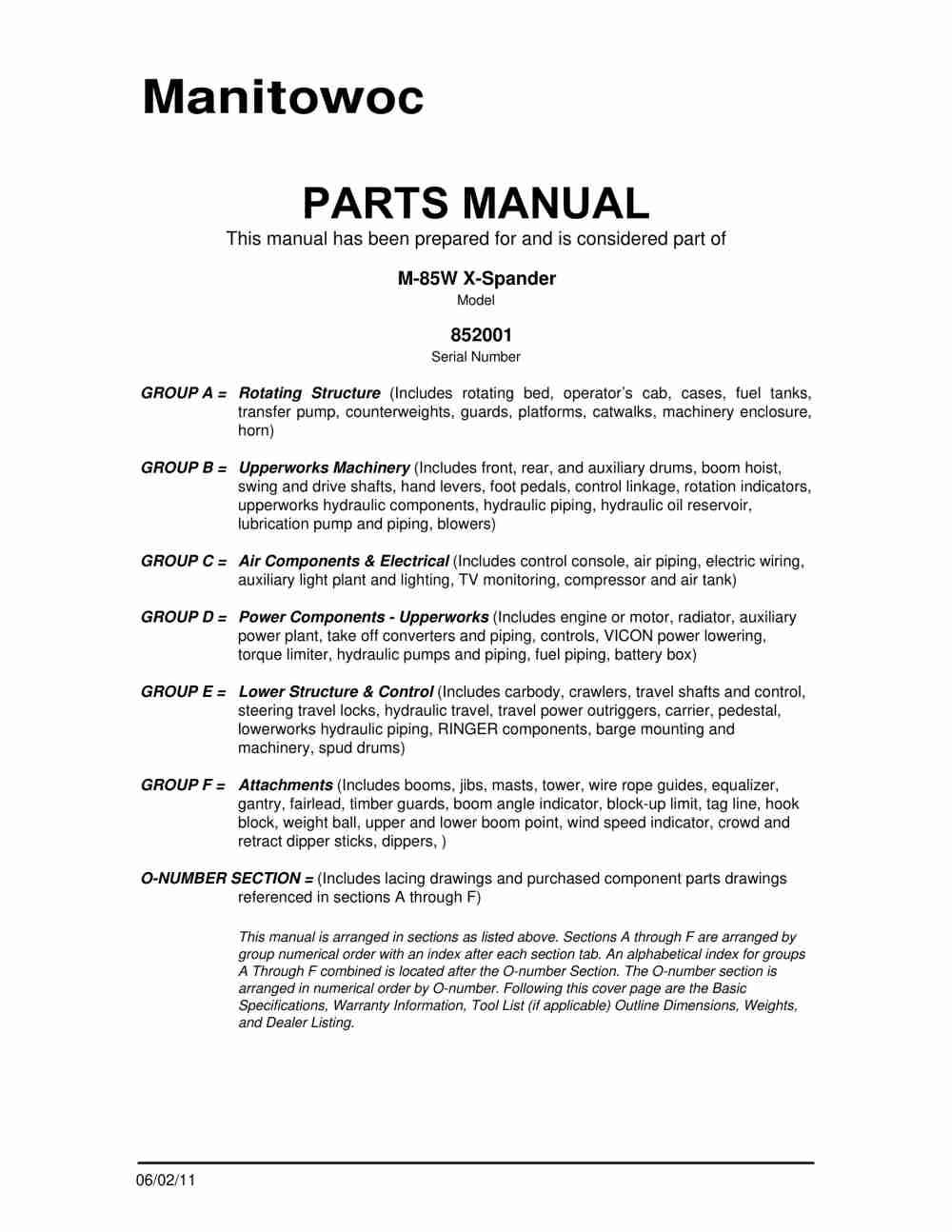 Manitowoc M-85W X-SPANDER Crane Parts Manual 852001 2011