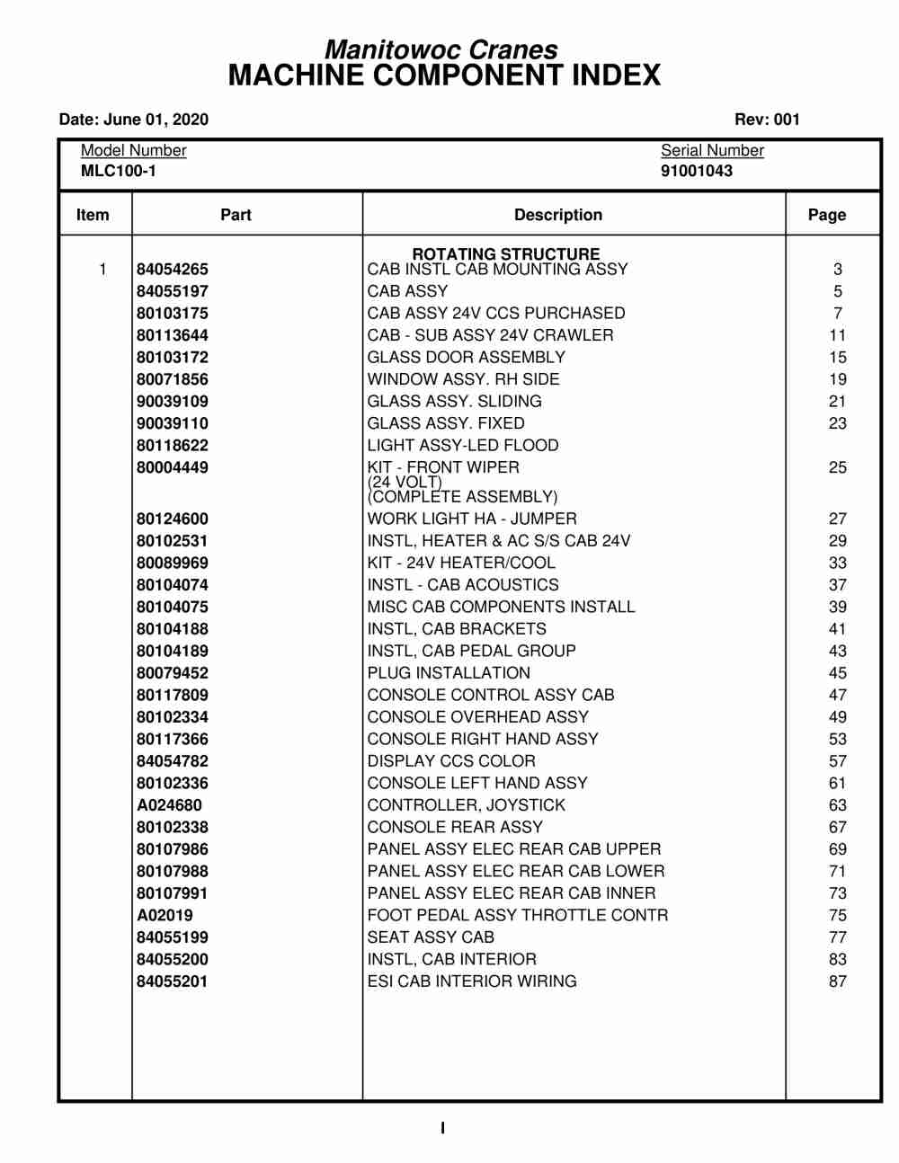 Manitowoc MLC100-1 Crane Parts Manual 91001043 2020