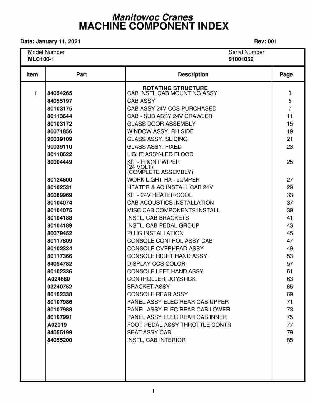 Manitowoc MLC100-1 Crane Parts Manual 91001052 2021