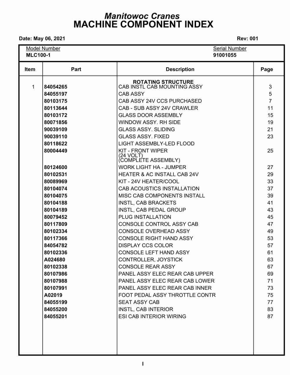 Manitowoc MLC100-1 Crane Parts Manual 91001055 2021
