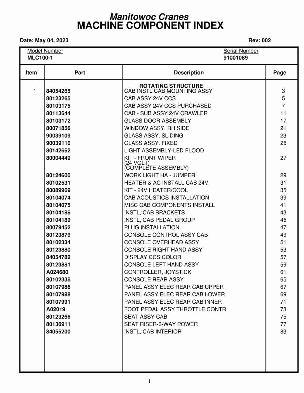 Manitowoc MLC100-1 Crane Parts Manual 91001089 2023