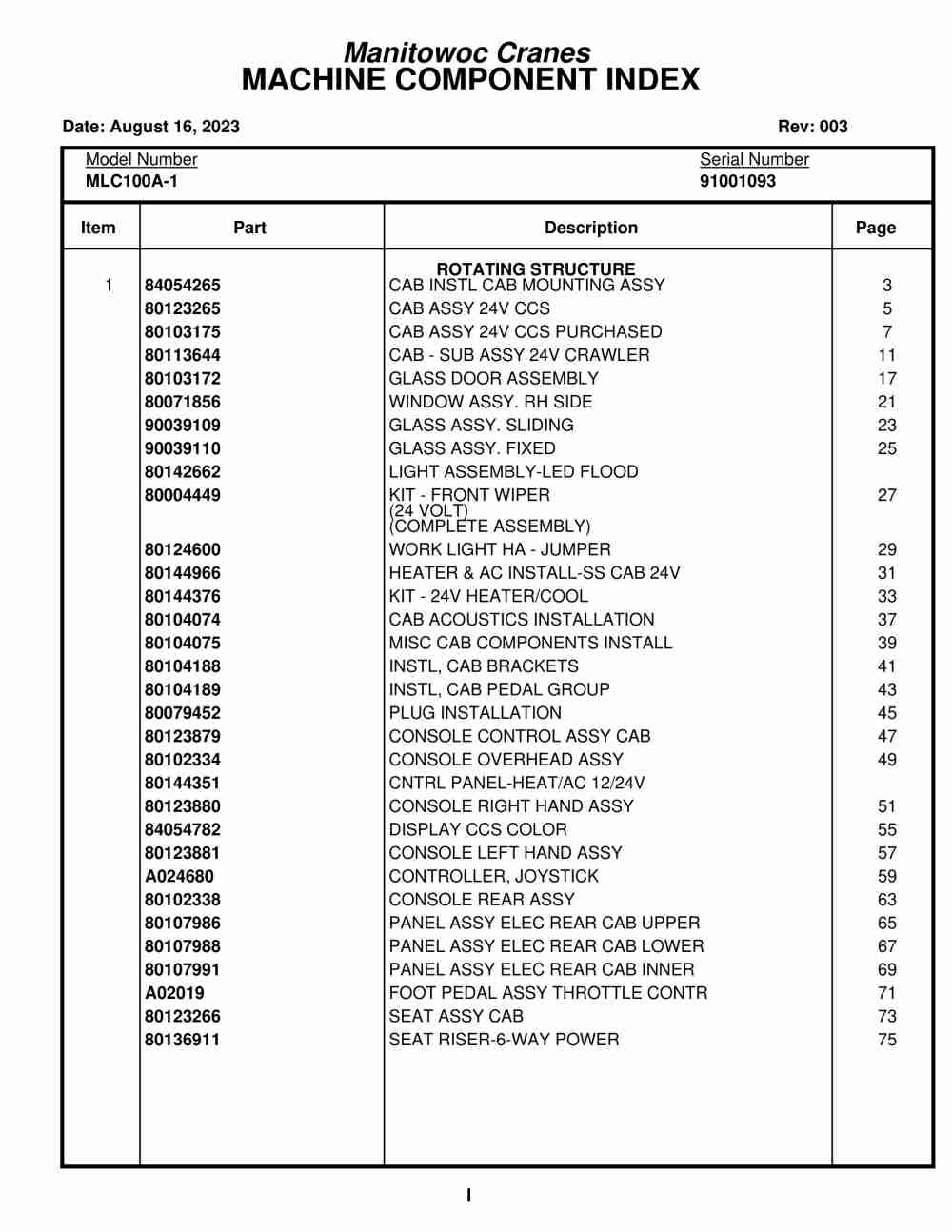 Manitowoc MLC100A-1 Crane Parts Manual 91001093 2023
