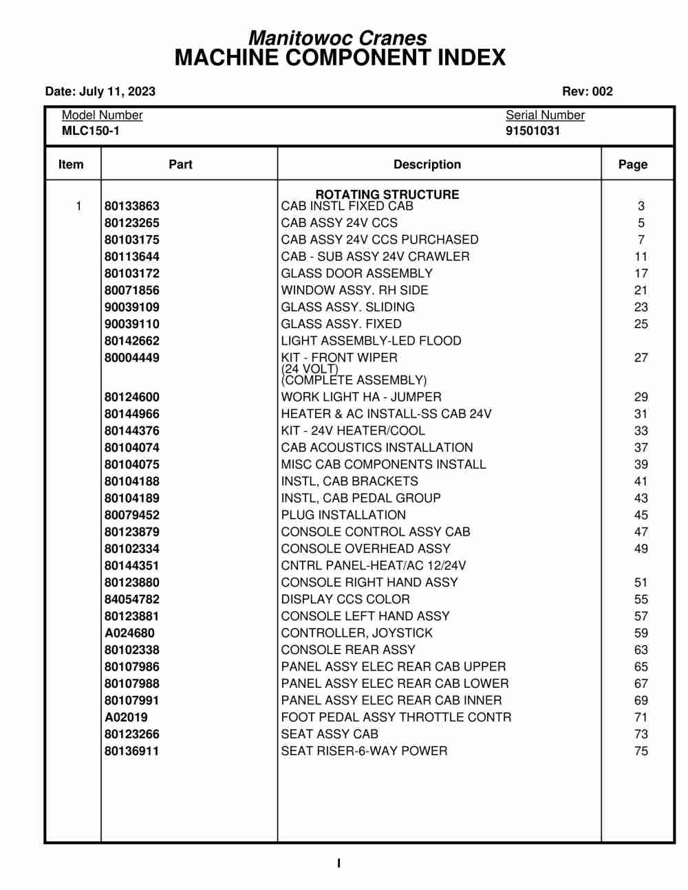 Manitowoc MLC150-1 Crane Parts Manual 91501031 2023