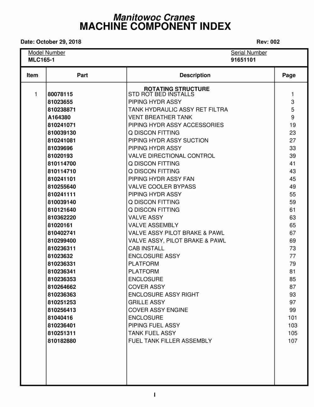 Manitowoc MLC165-1 Crane Parts Manual 91651101 2018