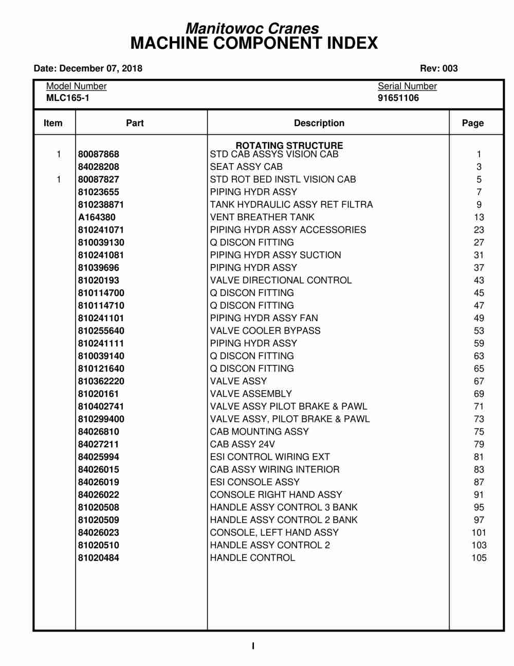 Manitowoc MLC165-1 Crane Parts Manual 91651106 2018
