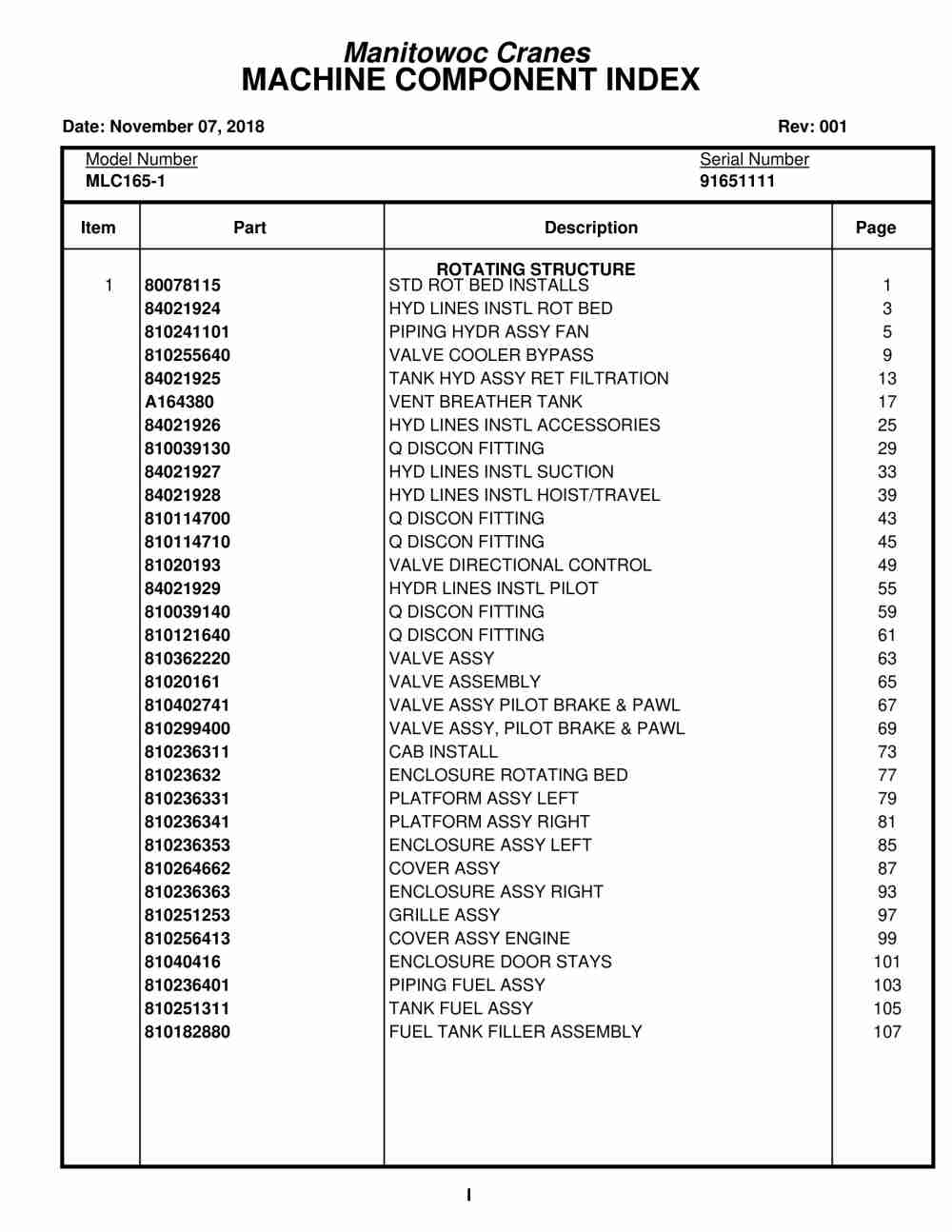 Manitowoc MLC165-1 Crane Parts Manual 91651111 2018