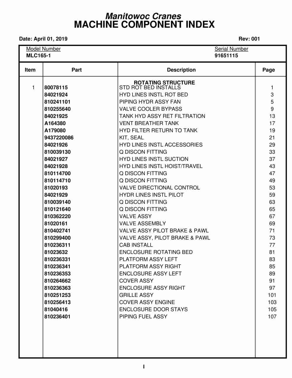 Manitowoc MLC165-1 Crane Parts Manual 91651115 2019 1 Manitowoc MLC165-1 Crane Parts Manual 91651115 2019