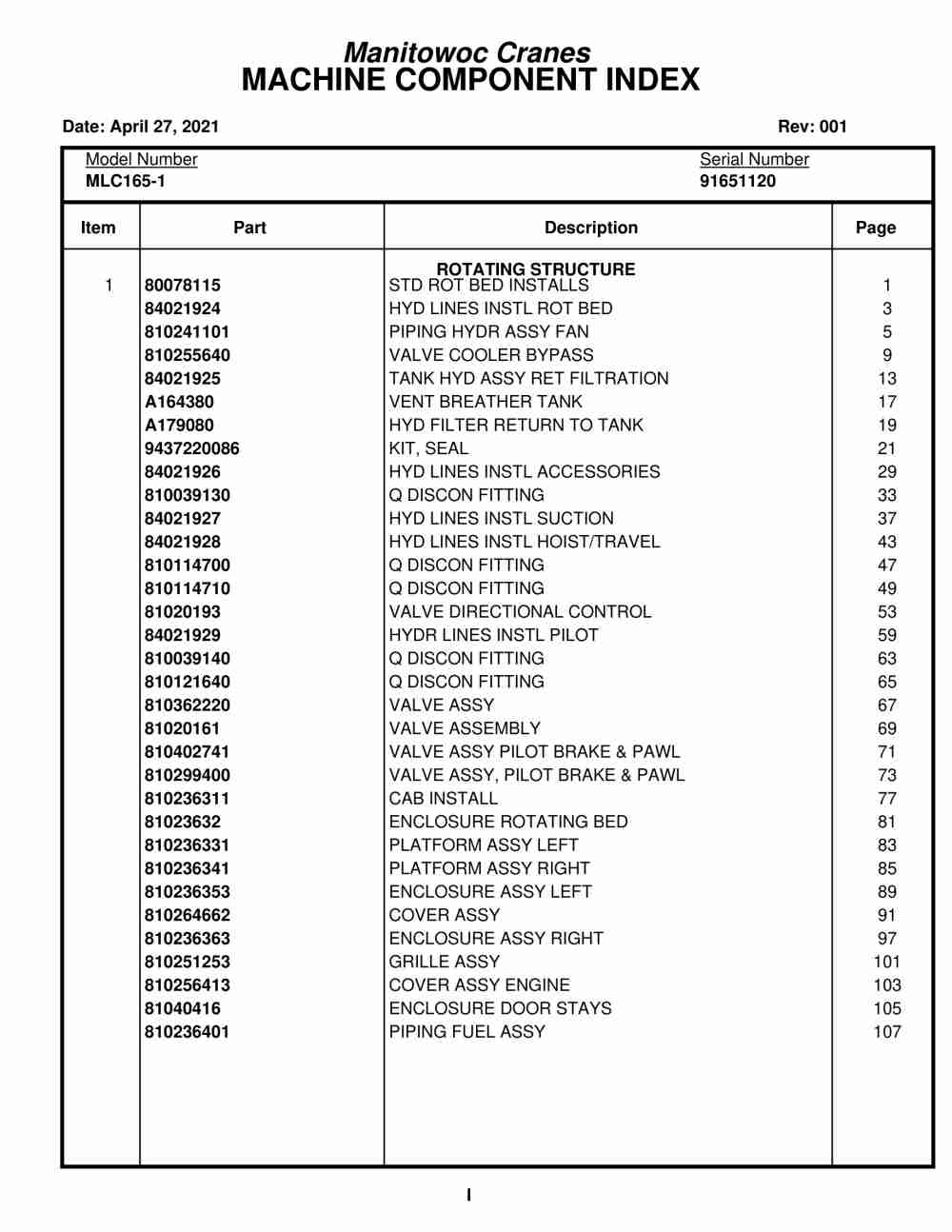 Manitowoc MLC165-1 Crane Parts Manual 91651120 2021