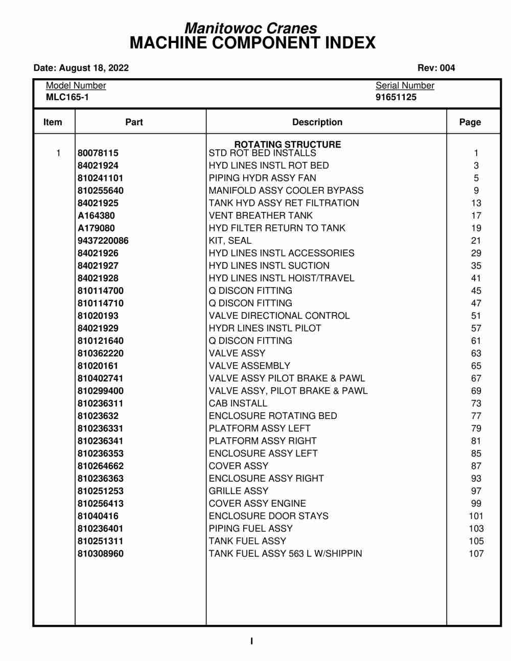 Manitowoc MLC165-1 Crane Parts Manual 91651125 2022
