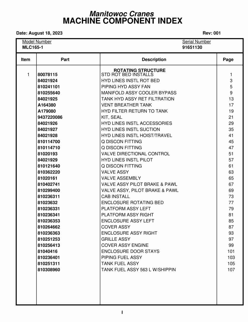 Manitowoc MLC165-1 Crane Parts Manual 91651130 2023