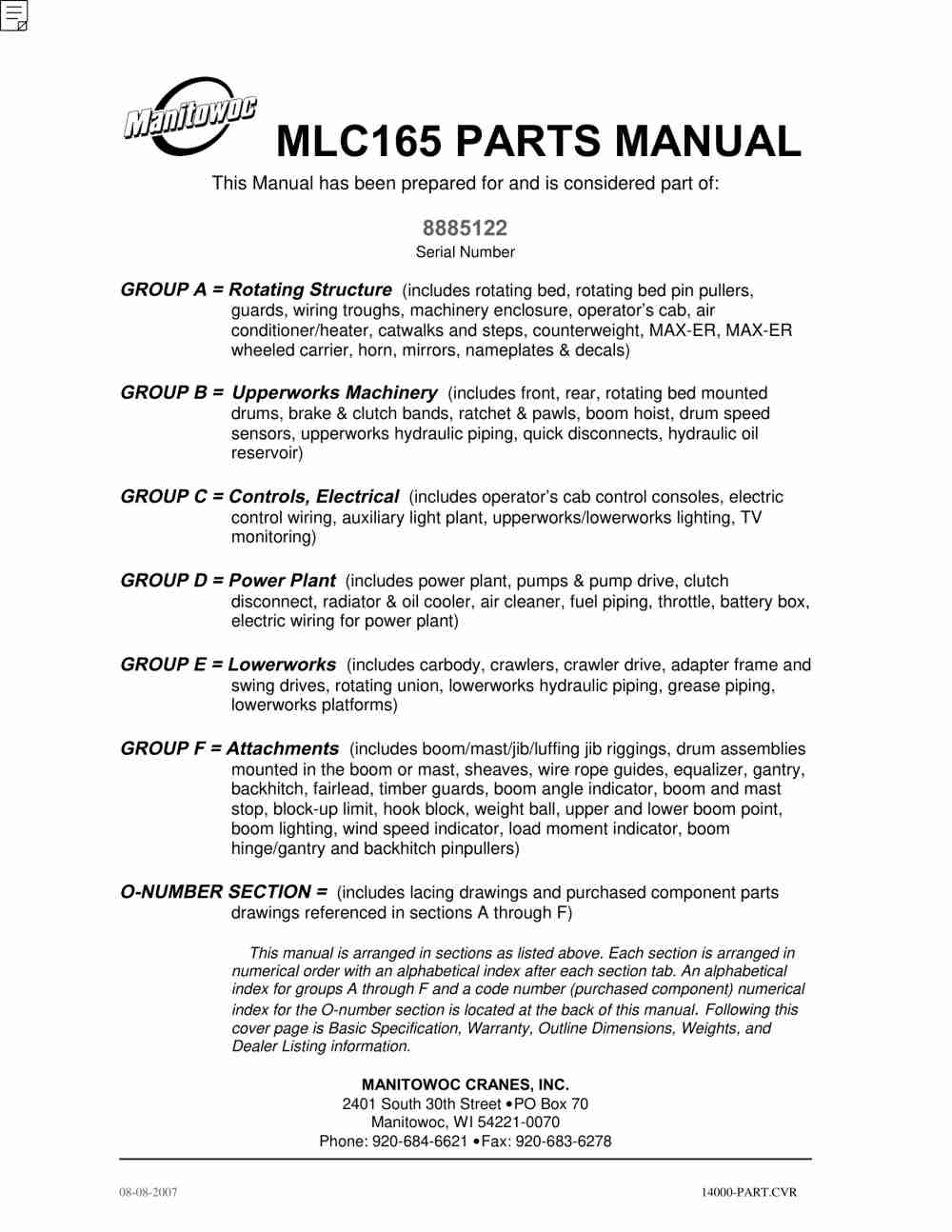 Manitowoc MLC165 Crane Parts Manual 8885120 2007
