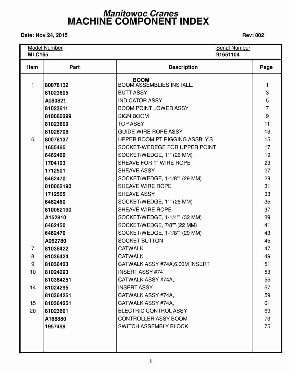 Manitowoc MLC165 Crane Parts Manual 91651104 2015