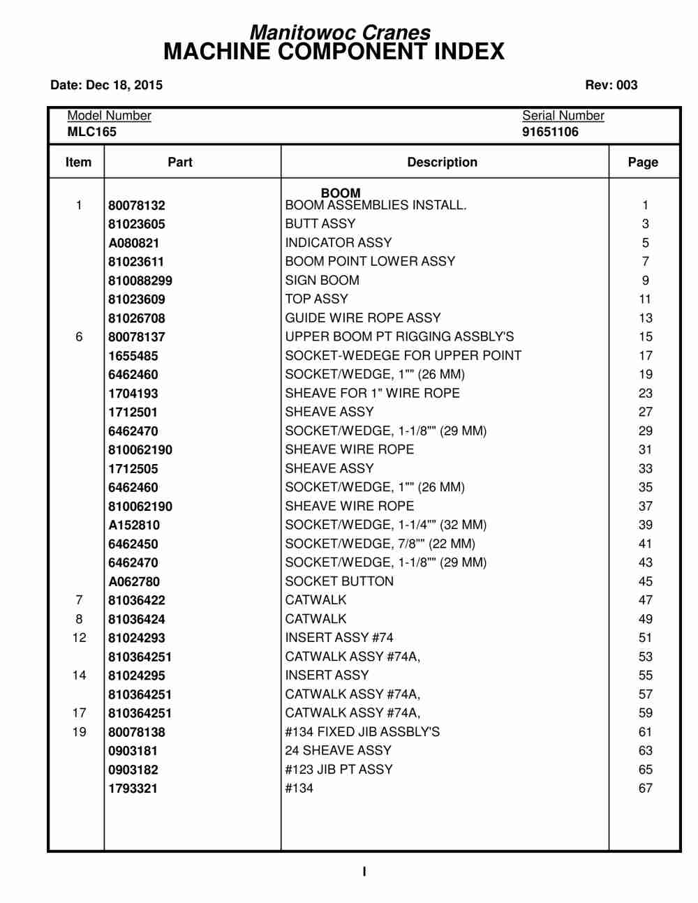 Manitowoc MLC165 Crane Parts Manual 91651106 2015