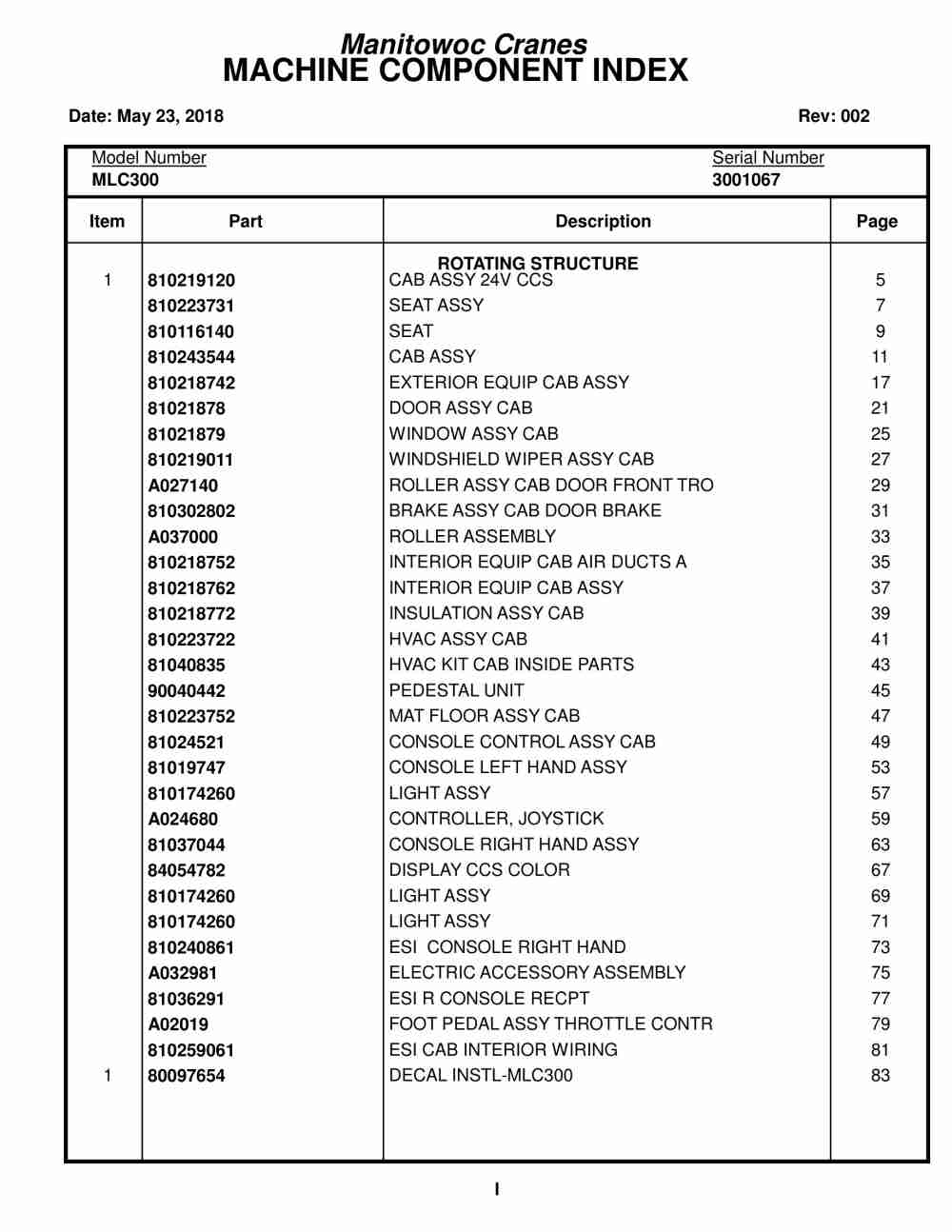 Manitowoc MLC300 Crane Parts Manual 3001067 2018
