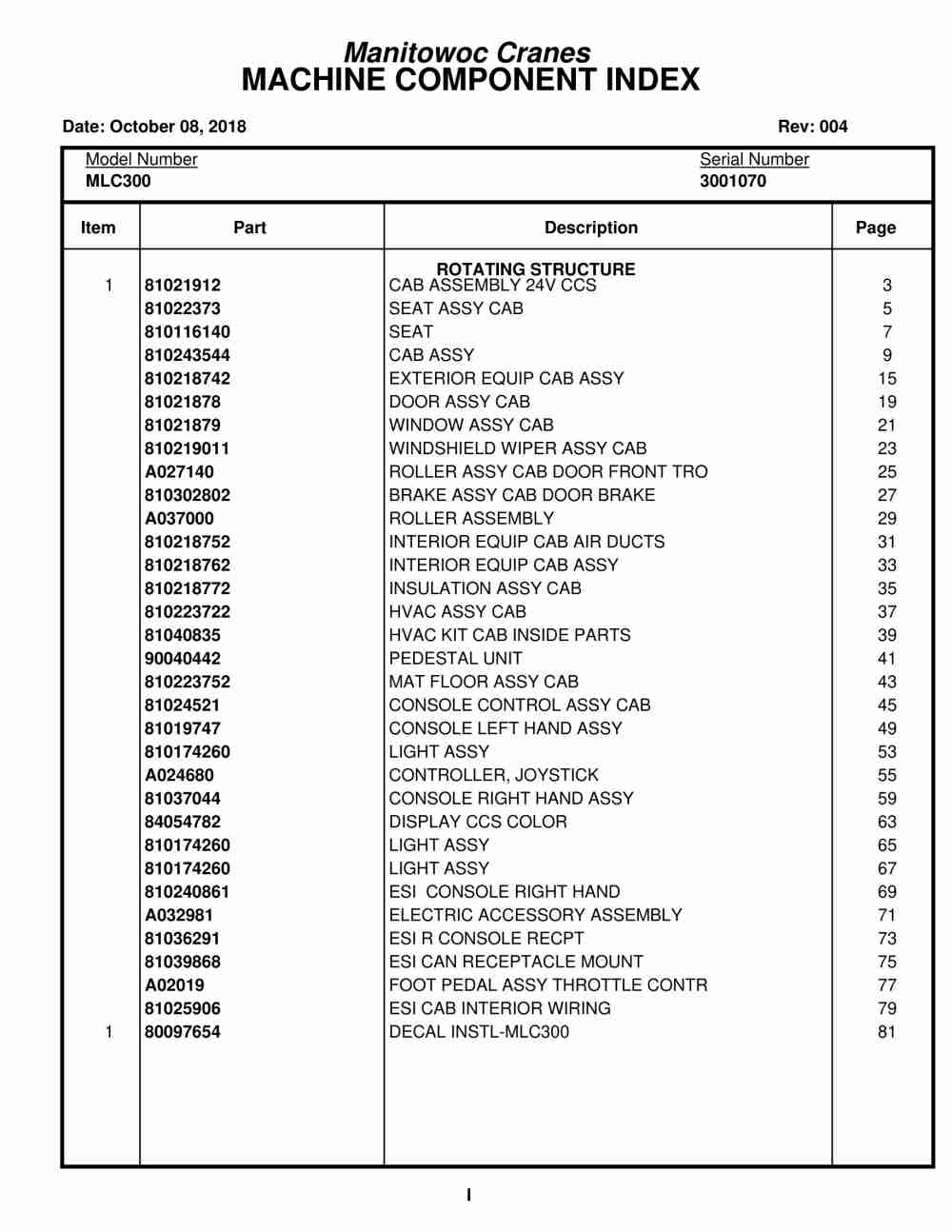 Manitowoc MLC300 Crane Parts Manual 3001070 2018