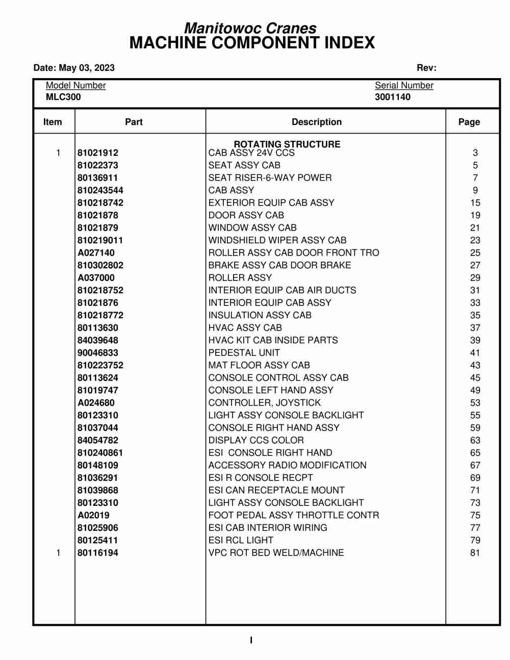 Manitowoc MLC300 Crane Parts Manual 3001140 2023