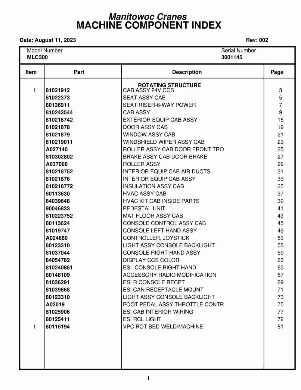 Manitowoc MLC300 Crane Parts Manual 3001145 2023