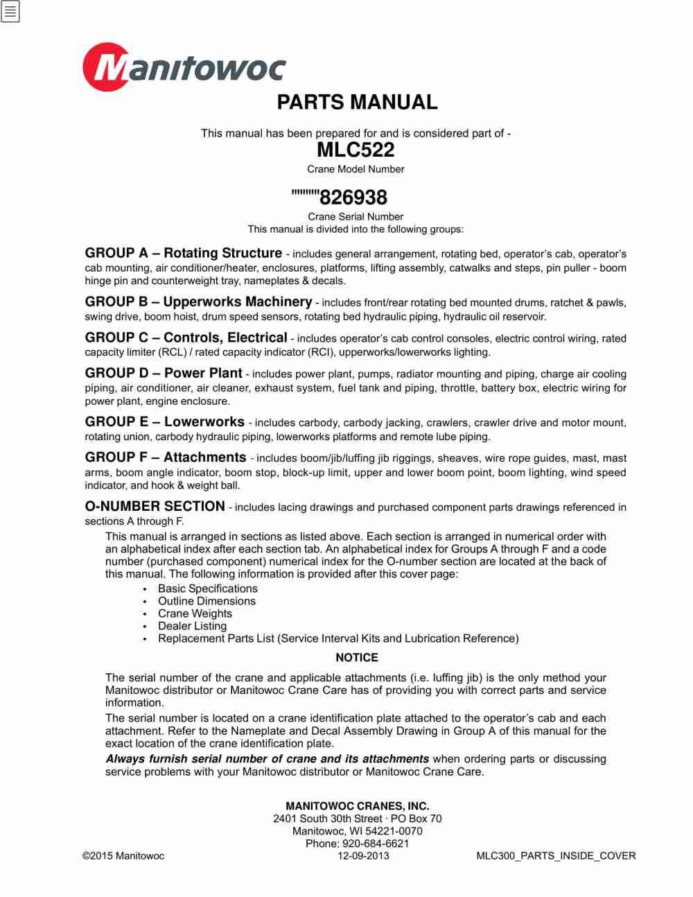 Manitowoc MLC300 Crane Parts Manual 604716 2015
