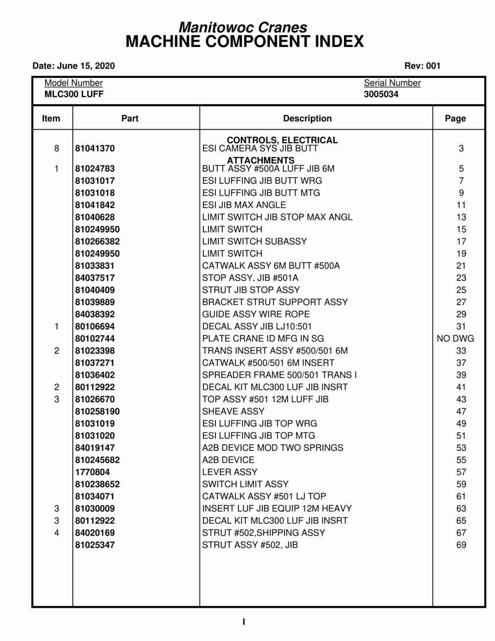 Manitowoc MLC300 LUFF Crane Parts Manual 3005034 2020