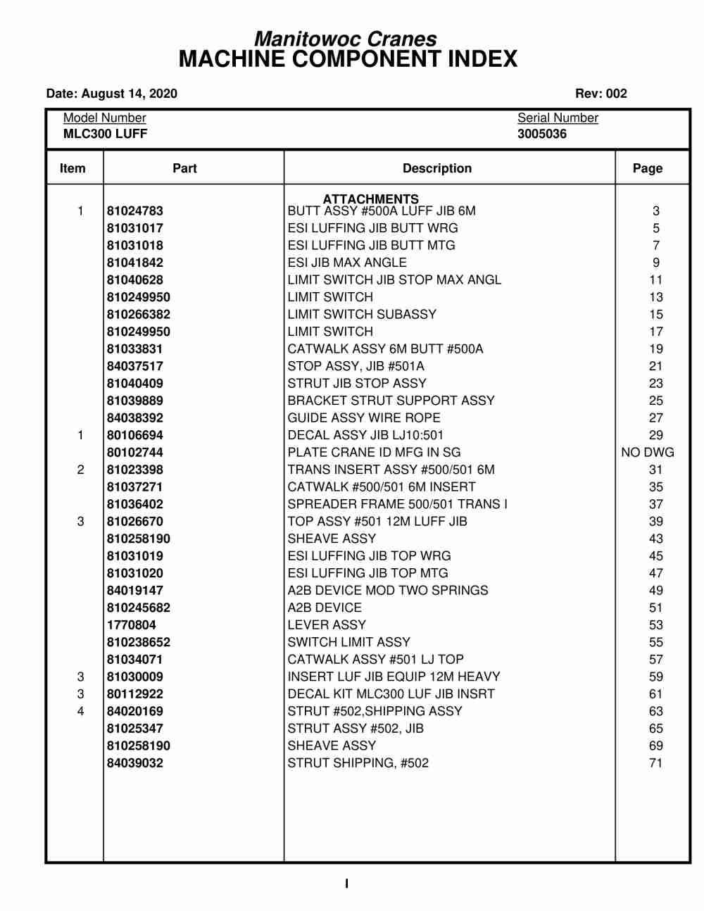 Manitowoc MLC300 LUFF Crane Parts Manual 3005036 2020
