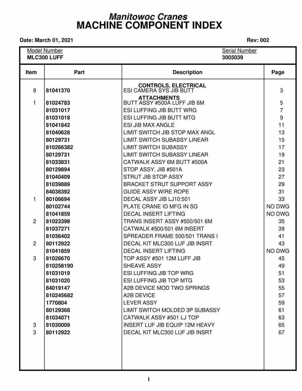 Manitowoc MLC300 LUFF Crane Parts Manual 3005039 2021
