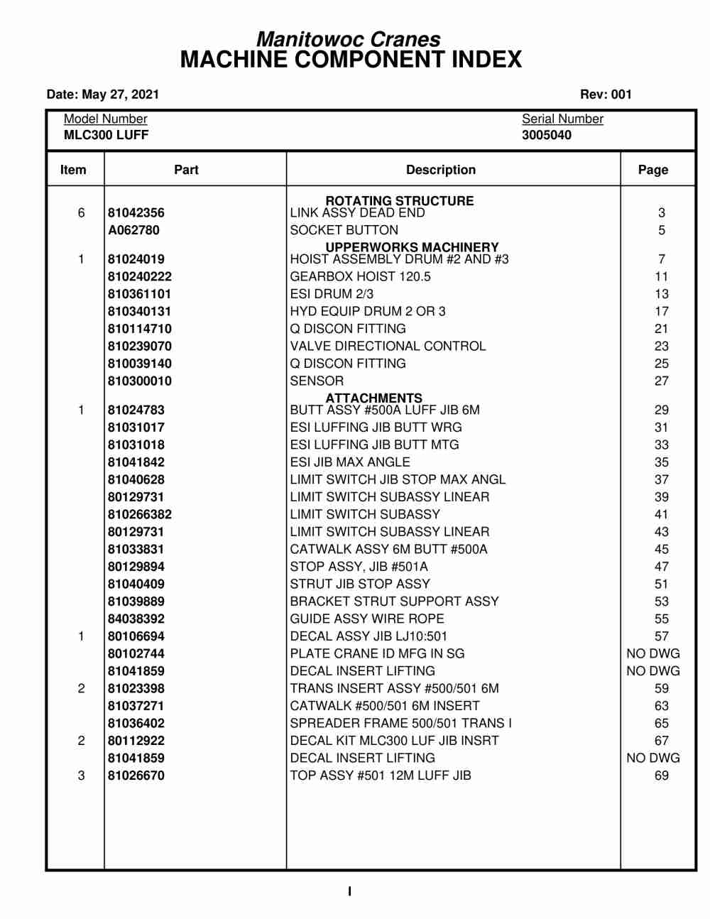 Manitowoc MLC300 LUFF Crane Parts Manual 3005040 2021