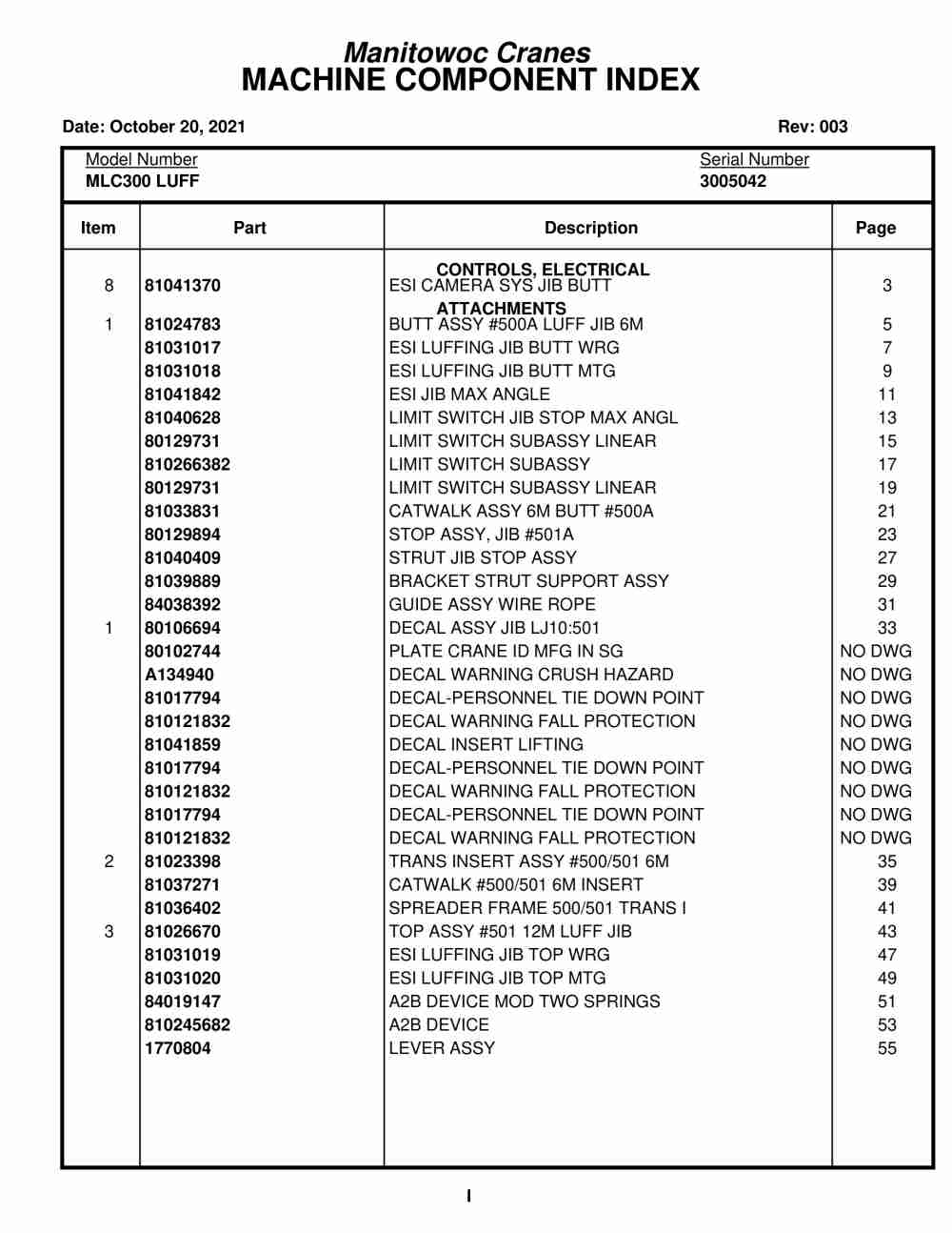 Manitowoc MLC300 LUFF Crane Parts Manual 3005042 2021