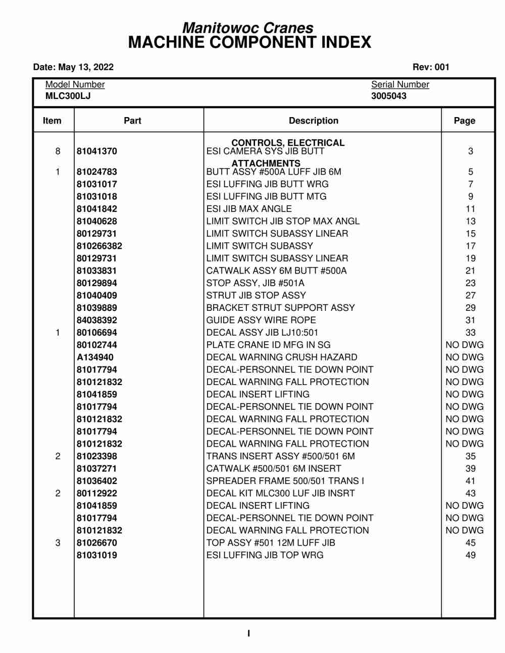 Manitowoc MLC300LJ Crane Parts Manual 3005043 2022