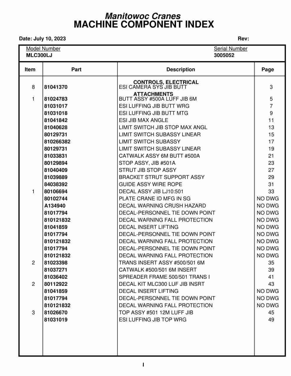 Manitowoc MLC300LJ Crane Parts Manual 3005052 2023