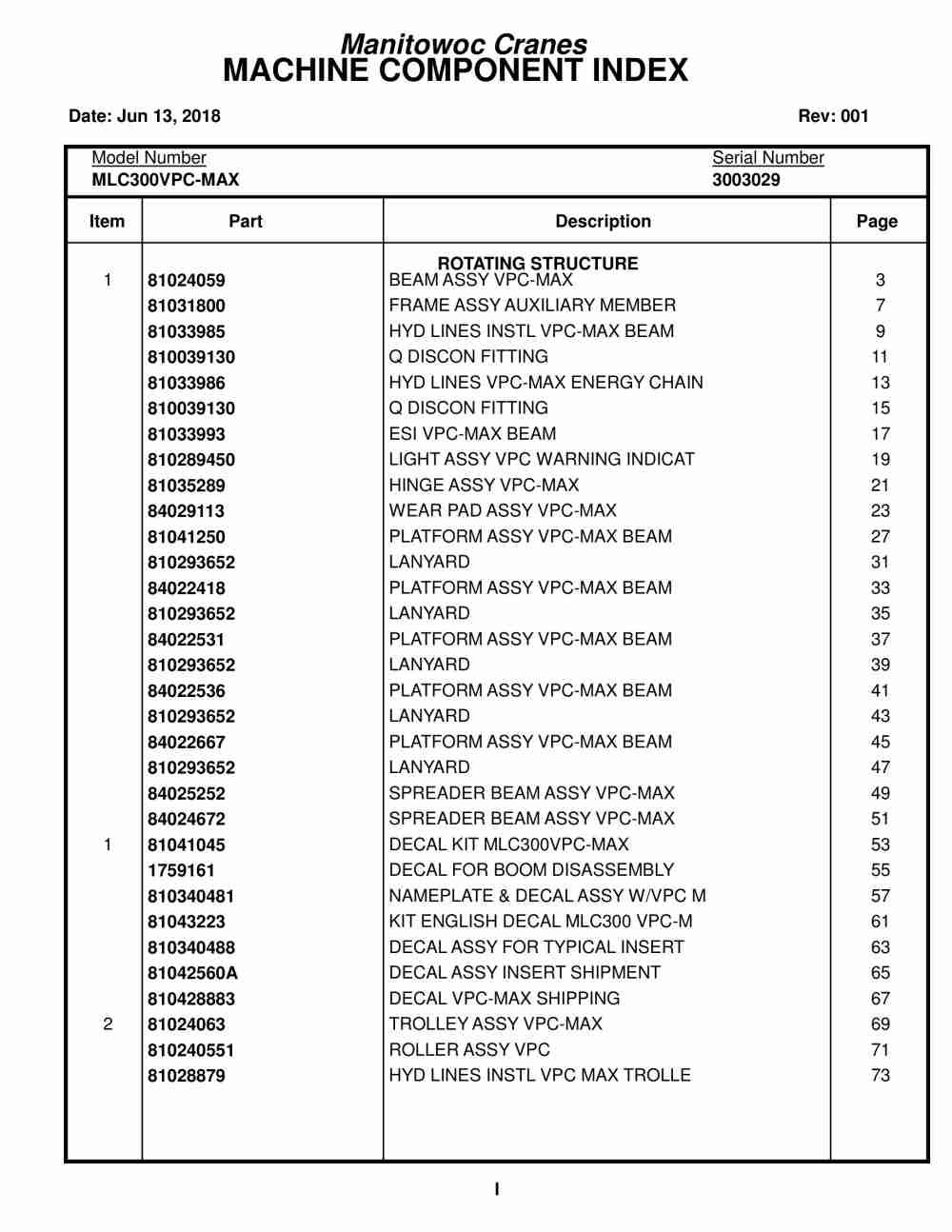 Manitowoc MLC300VPC-MAX Crane Parts Manual 3003029 2018