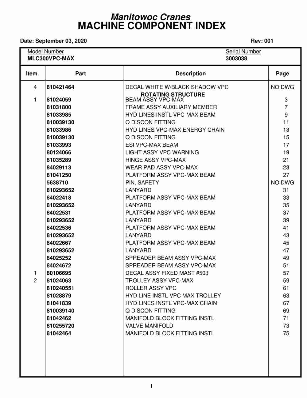 Manitowoc MLC300VPC-MAX Crane Parts Manual 3003038 2020