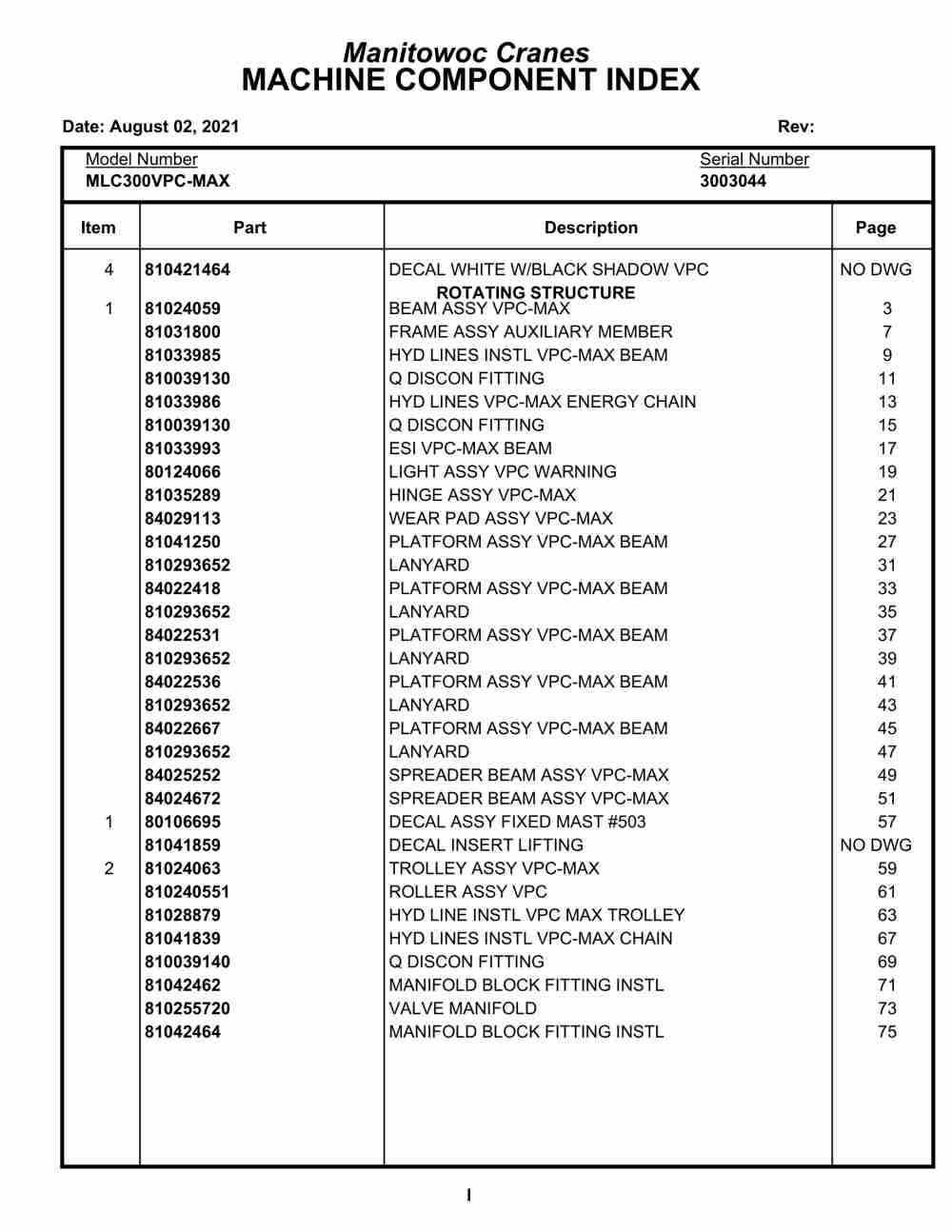 Manitowoc MLC300VPC-MAX Crane Parts Manual 3003044 2021