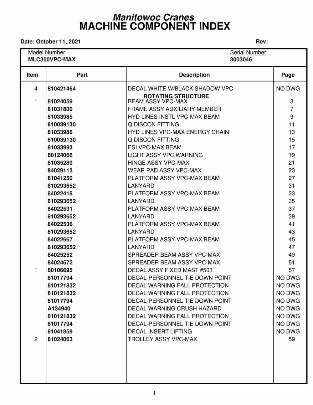 Manitowoc MLC300VPC-MAX Crane Parts Manual 3003046 2021