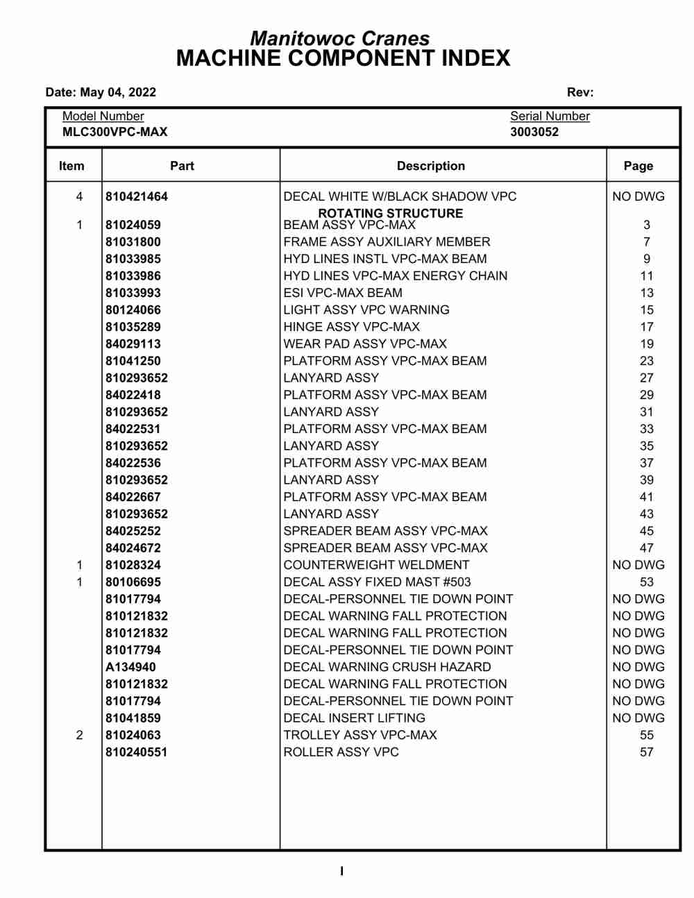 Manitowoc MLC300VPC-MAX Crane Parts Manual 3003052 2022