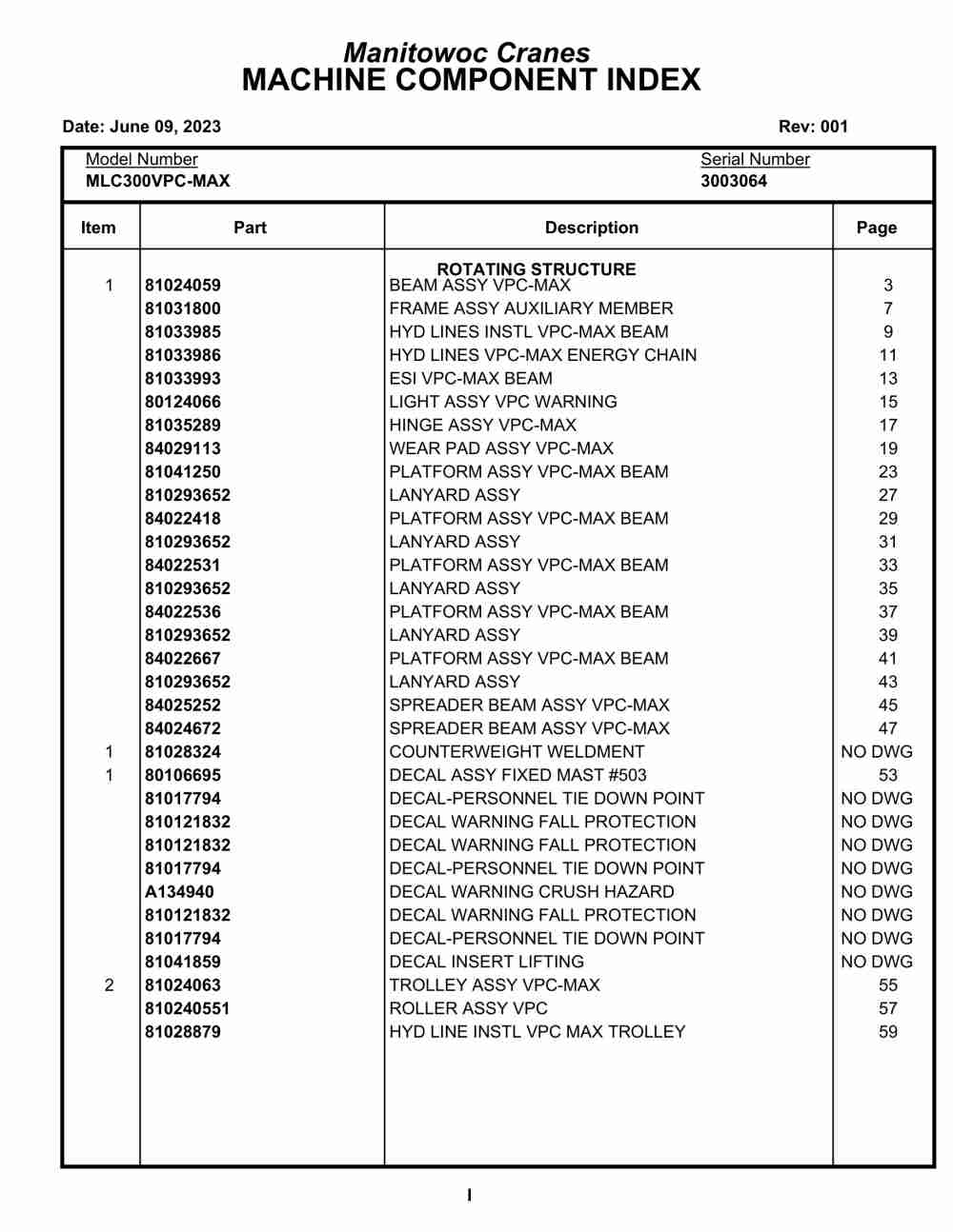 Manitowoc MLC300VPC-MAX Crane Parts Manual 3003064 2023