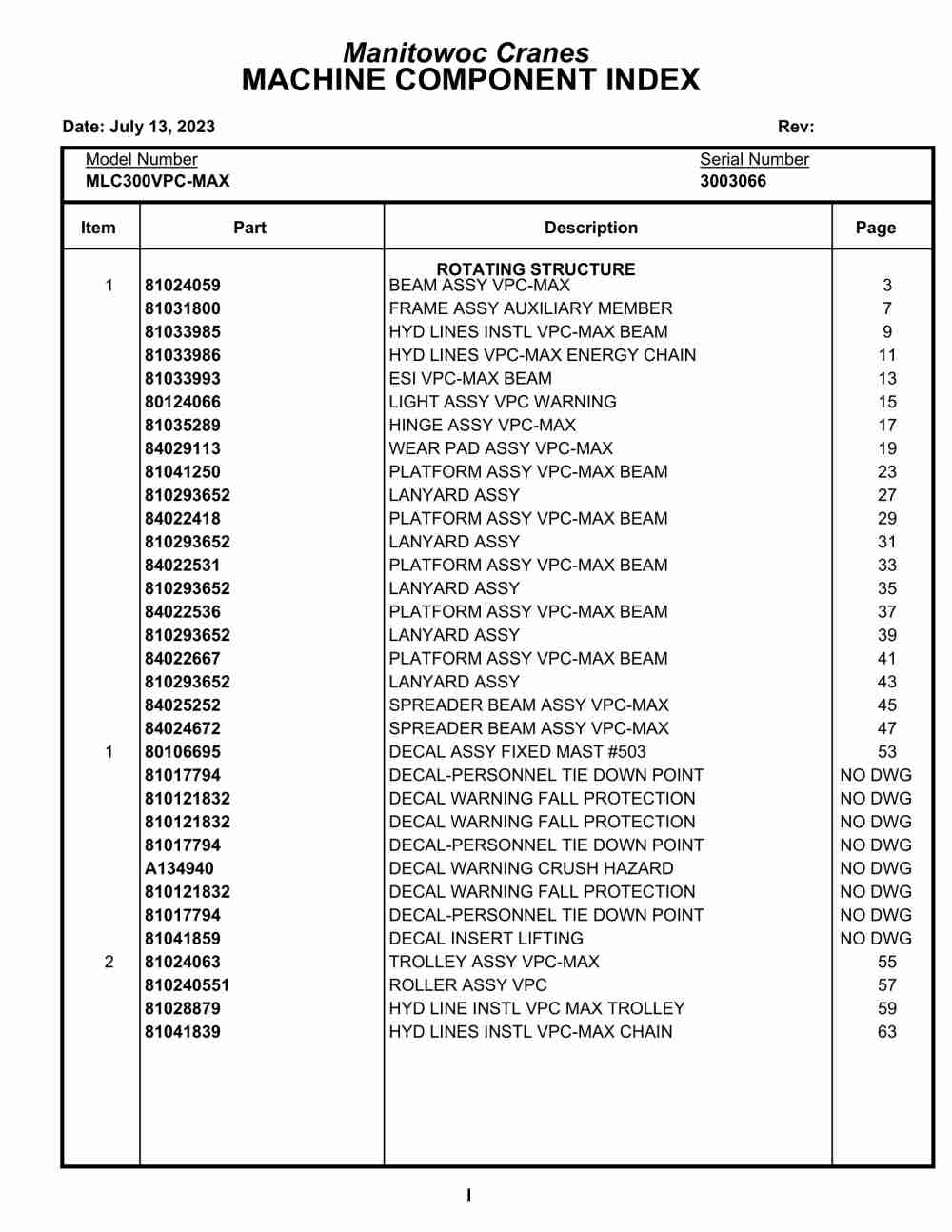 Manitowoc MLC300VPC-MAX Crane Parts Manual 3003066 2023