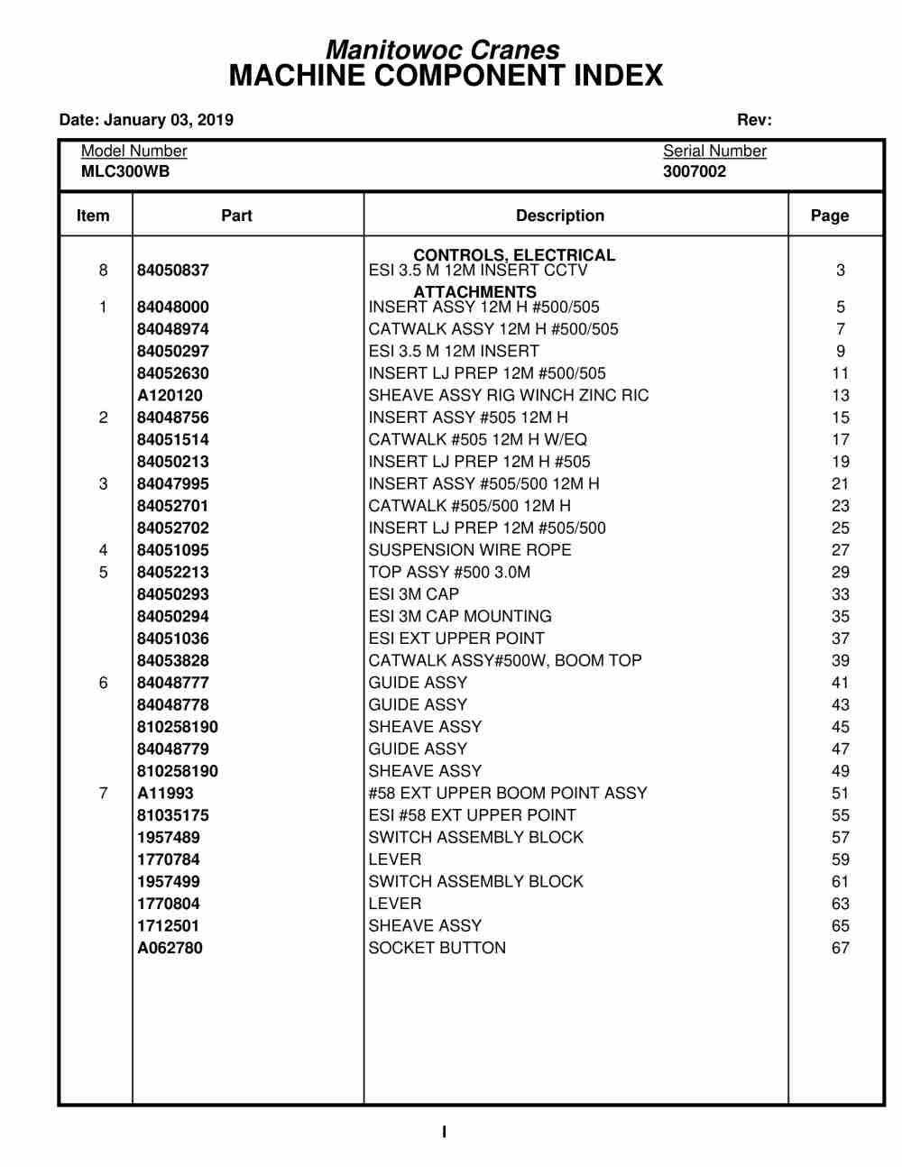 Manitowoc MLC300WB Crane Parts Manual 3007002 2019