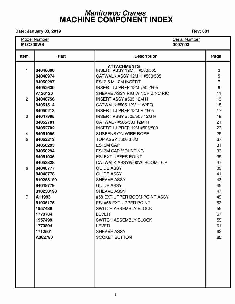 Manitowoc MLC300WB Crane Parts Manual 3007003 2019