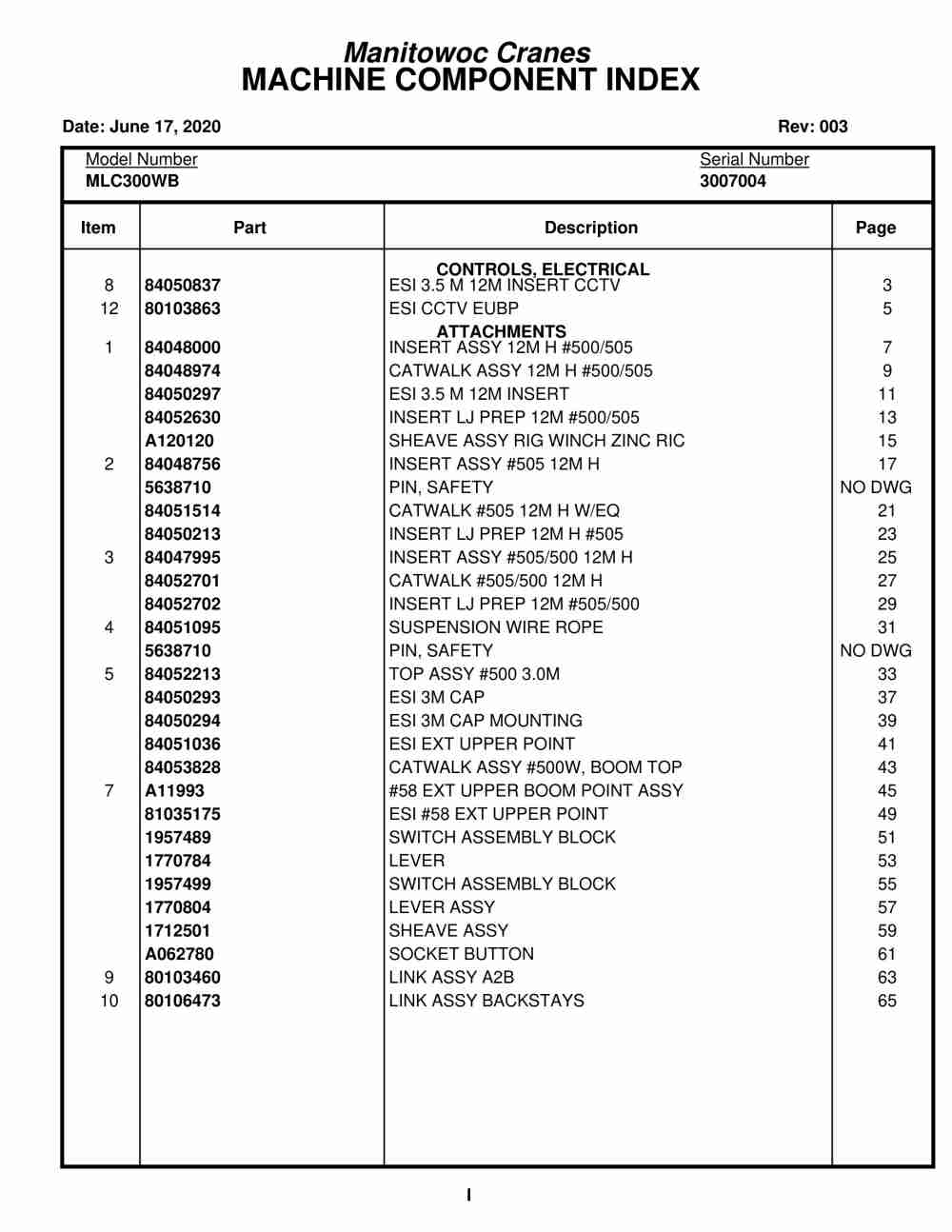 Manitowoc MLC300WB Crane Parts Manual 3007004 2020