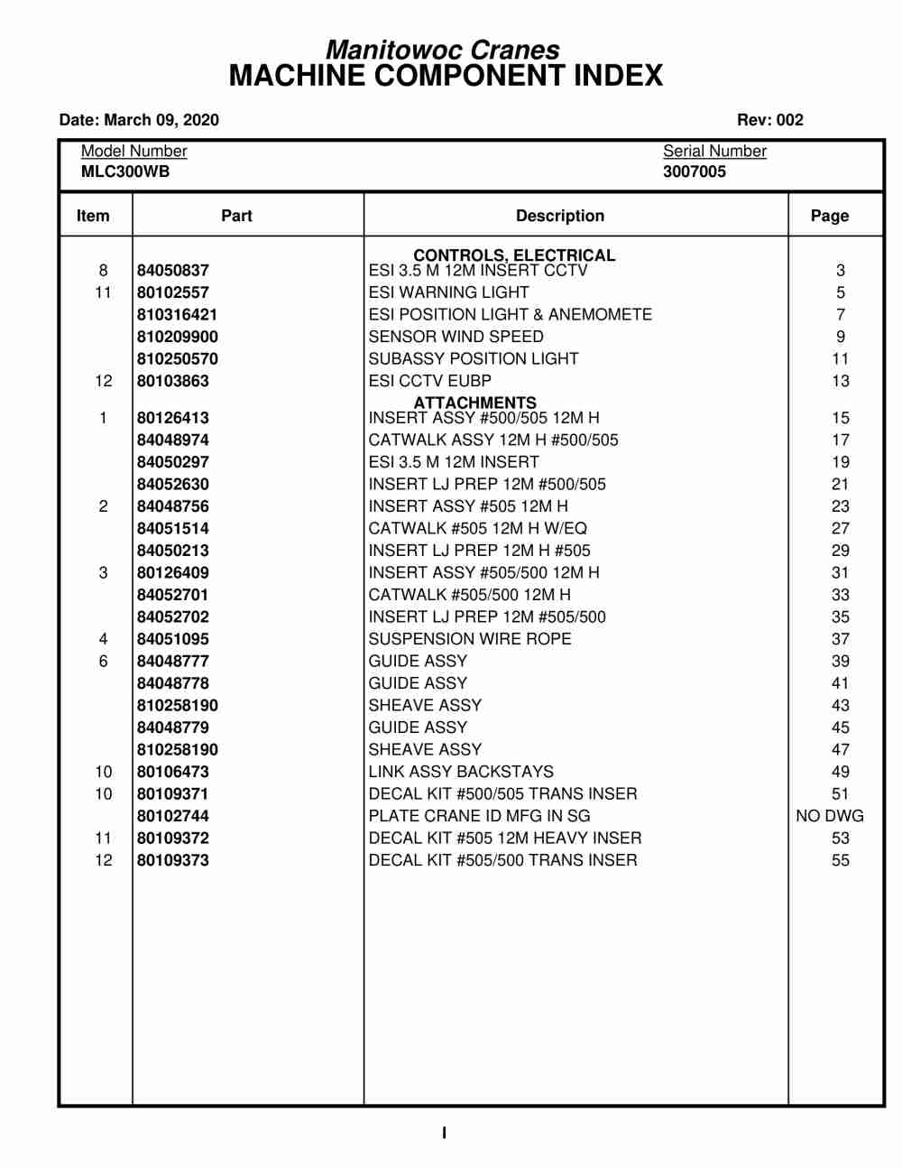 Manitowoc MLC300WB Crane Parts Manual 3007005 2020