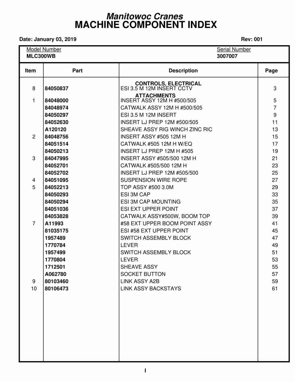 Manitowoc MLC300WB Crane Parts Manual 3007007 2019