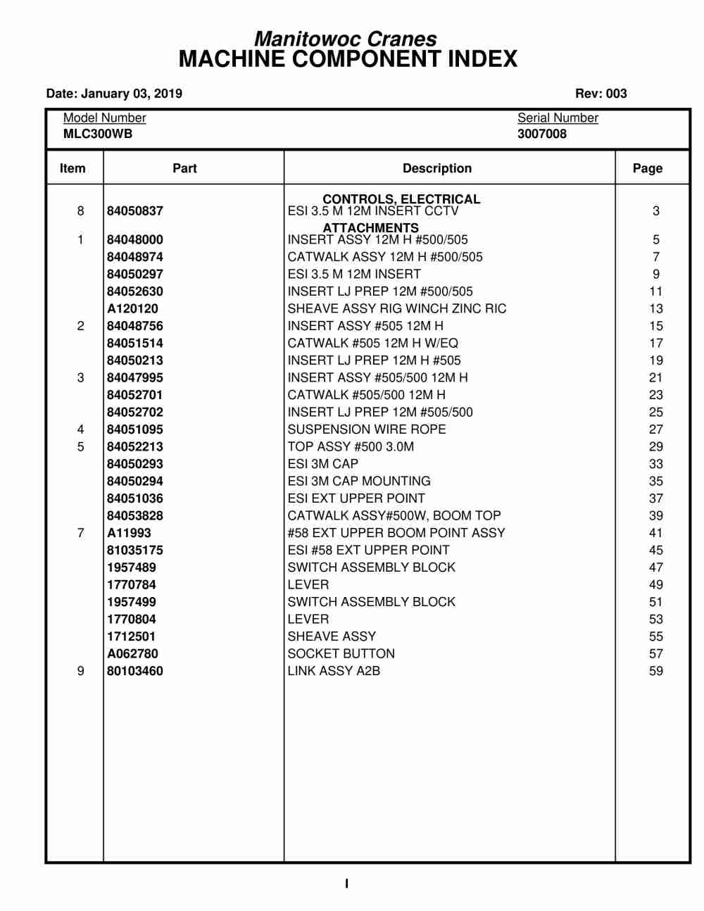 Manitowoc MLC300WB Crane Parts Manual 3007008 2019