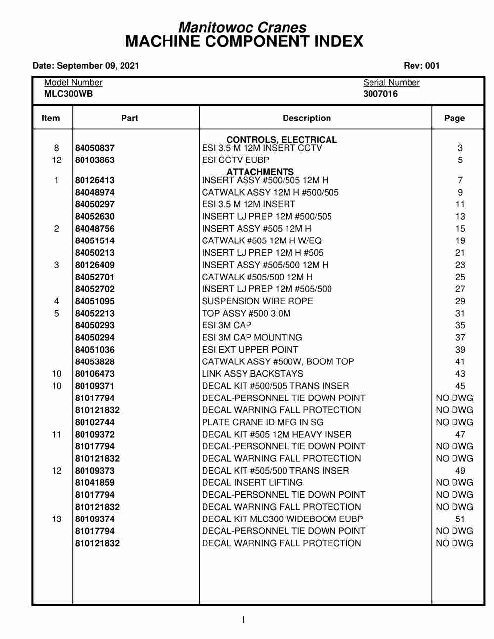 Manitowoc MLC300WB Crane Parts Manual 3007016 2021