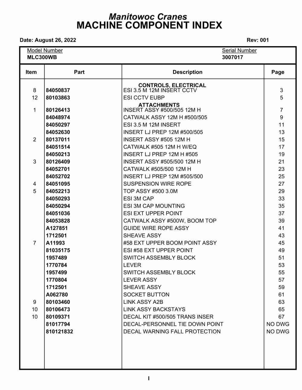 Manitowoc MLC300WB Crane Parts Manual 3007017 2022