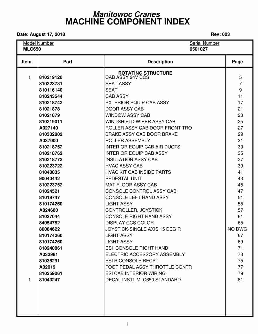 Manitowoc MLC650 Crane Parts Manual 6501027 2018