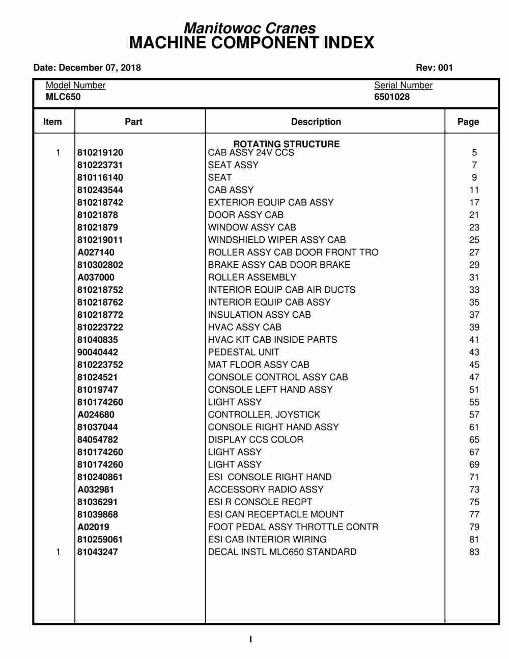 Manitowoc MLC650 Crane Parts Manual 6501028 2018