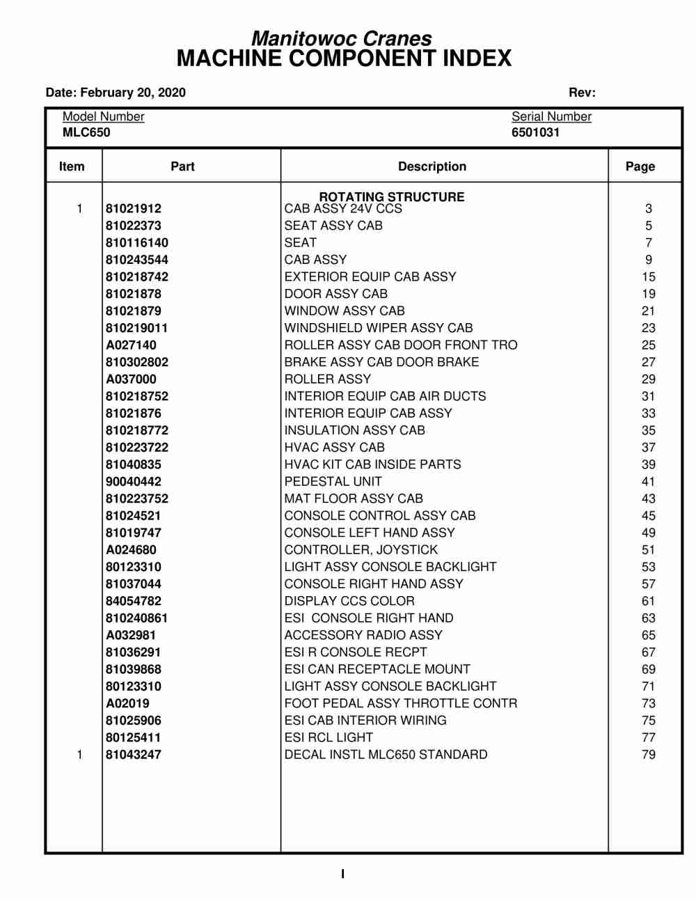 Manitowoc MLC650 Crane Parts Manual 6501031 2020